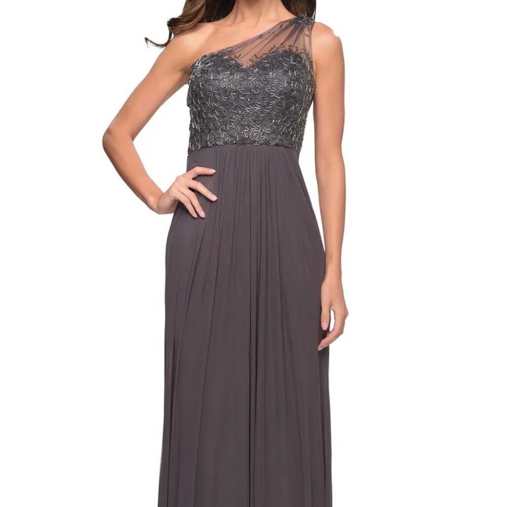 La Femme Gunmetal Grey Beaded One-Shoulder Mesh & Jersey Gown